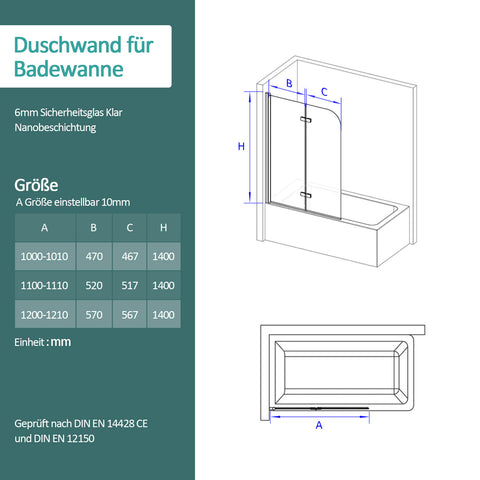 EMKE Duschwand für Badewannen (mit Schwenkfunktion, Maße: 100-120 cm x 140 cm)