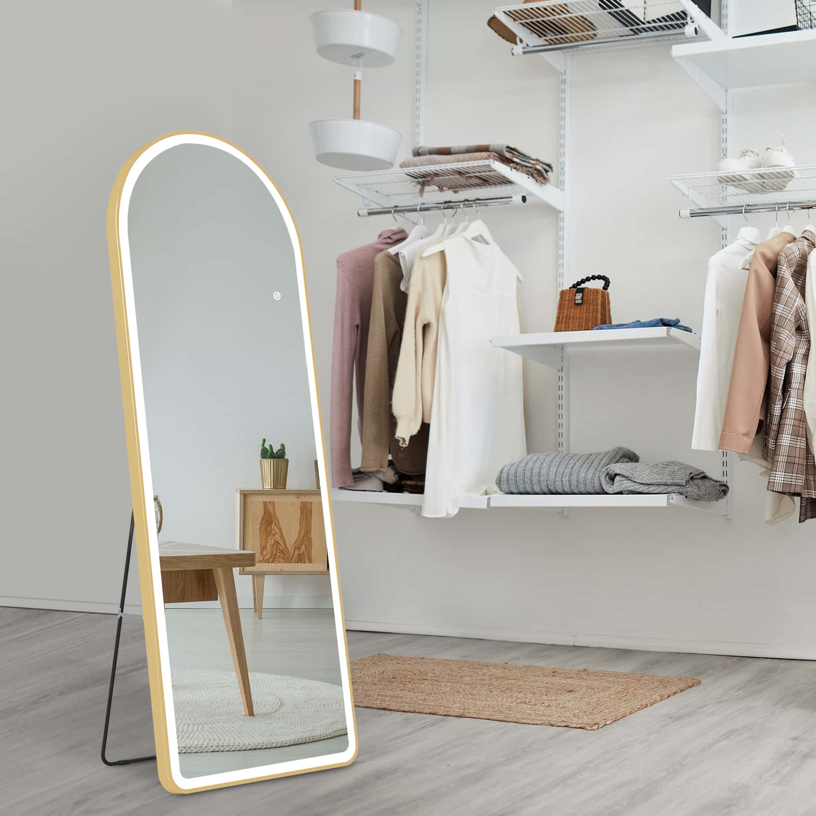Ganzkörperspiegel mit LED-Beleuchtung & Aluminiumrahmen – dimmbar, 3 Lichtfarben, Stand- & Wandspiegel