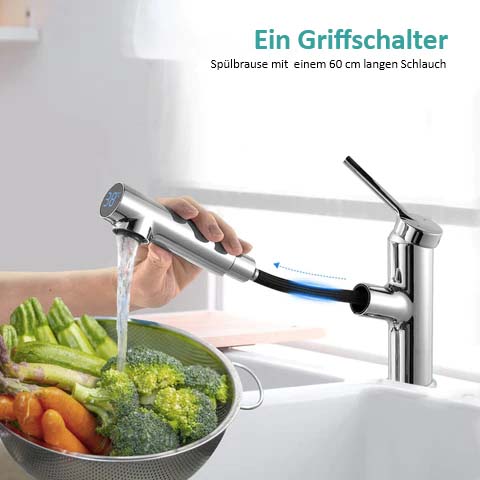 EMKE „F20" Einhebel-Küchenarmatur mit ausziehbarer Spülbrause, Temperaturanzeige, chrom