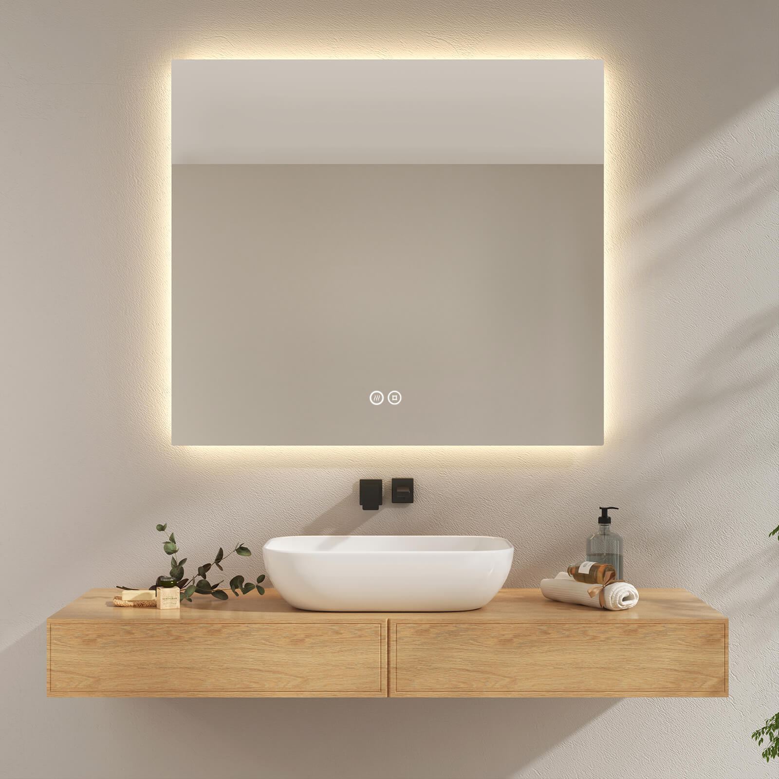 emke lm25 badspiegel mit beleuchtung, anti-beschlag, warmweiß (4300k),  dimmbar, horizontale aufhängung