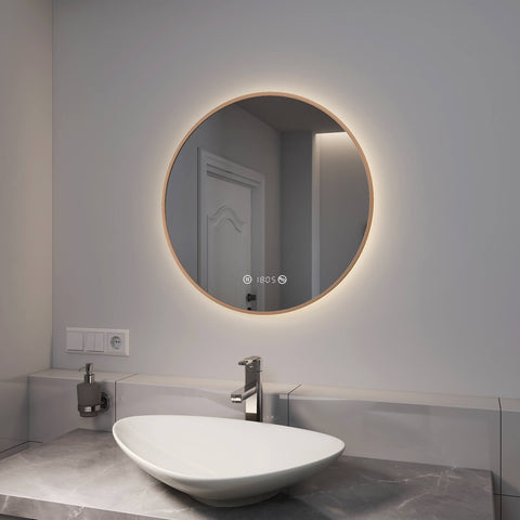 EMKE OLM09 LED-Badezimmerspiegel rund mit Uhr, Anti-Beschlag, neutrales Licht (4300K), dimmbar, Ø60/70/80 cm