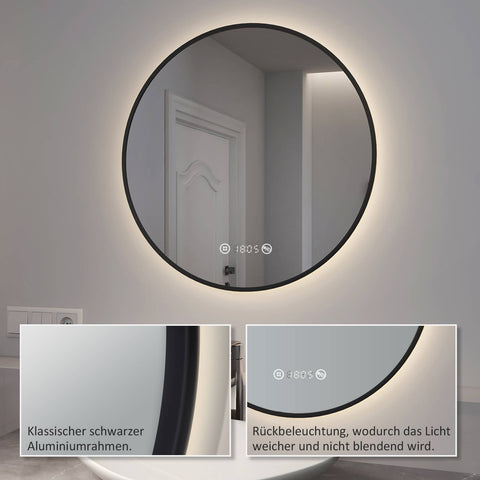 EMKE OLM09 LED-Badezimmerspiegel rund mit Uhr, Anti-Beschlag, neutrales Licht (4300K), dimmbar, Ø60/70/80 cm