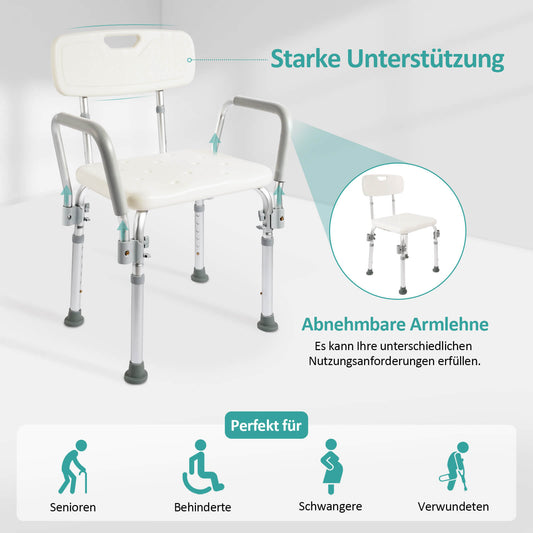 Duschstuhl mit Armlehnen und Rückenlehne – höhenverstellbar & rutschfest