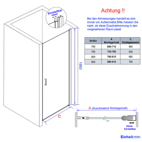 EMKE Duschabtrennung Pendeltür (für den Einbau in Nischen-Duschen, ohne Duschwanne, Höhe: 195 cm)
