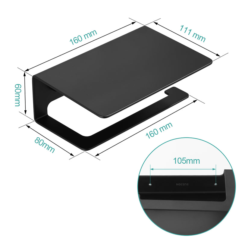 EMKE 160x115x60mm Toilettenpapierhalter mit Ablage Selbstklebend oder Schrauben Installation, Mattes Schwarz Edelstahl 1 Stück