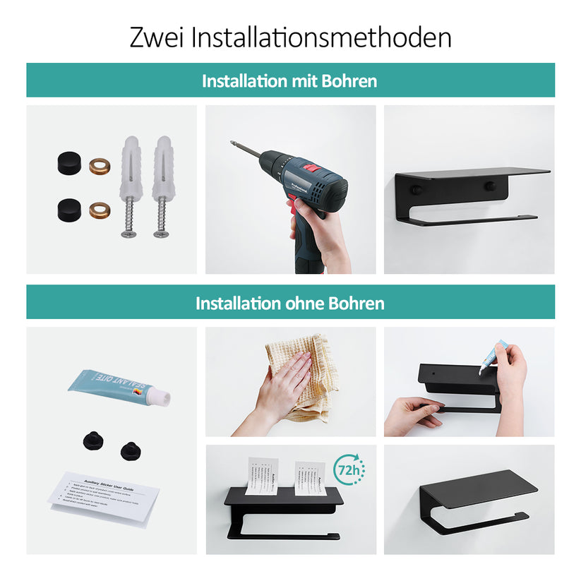 EMKE 160x115x60mm Toilettenpapierhalter mit Ablage Selbstklebend oder Schrauben Installation, Mattes Schwarz Edelstahl 1 Stück