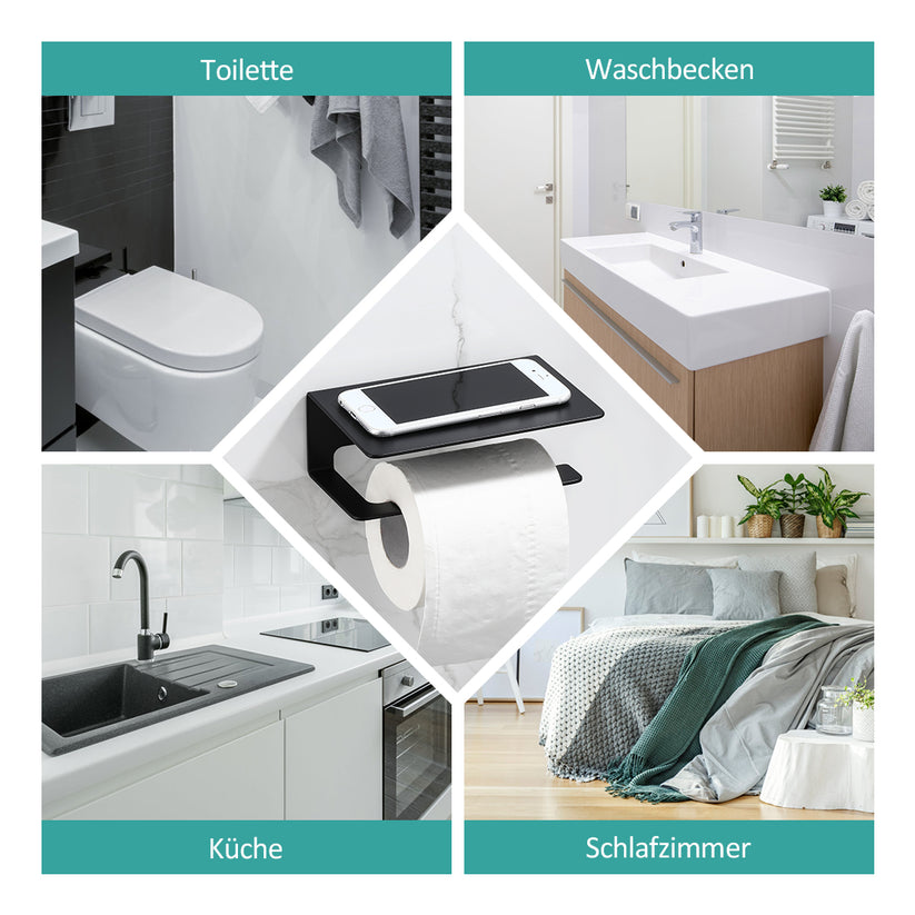 EMKE 160x115x60mm Toilettenpapierhalter mit Ablage Selbstklebend oder Schrauben Installation, Mattes Schwarz Edelstahl 1 Stück
