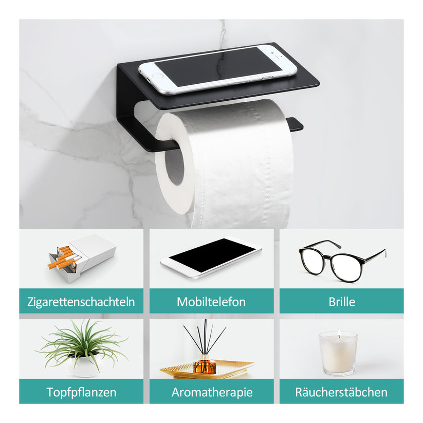 EMKE 160x115x60mm Toilettenpapierhalter mit Ablage Selbstklebend oder Schrauben Installation, Mattes Schwarz Edelstahl 1 Stück