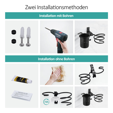 EMKE Fönhalter Schwarz für Badezimmer mit Haken + Korb Installation mit Bohren oder Selbstklebende für Haarpflegewerkzeuge und Lockenstab Aluminium