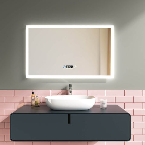 EMKE Badspiegel mit Ablage, Spiegel mit Beleuchtung Beschlagfrei 6400k  Lichtspiegel Wandspiegel mit Touch, Kaltweiß (Modell O) 50x70 cm