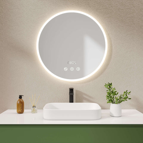 EMKE OLM08 runder LED-Badezimmerspiegel, Touchschalter, Anti-Beschlag, Uhr, neutrales Licht (4300K), Ø60/70/80 cm
