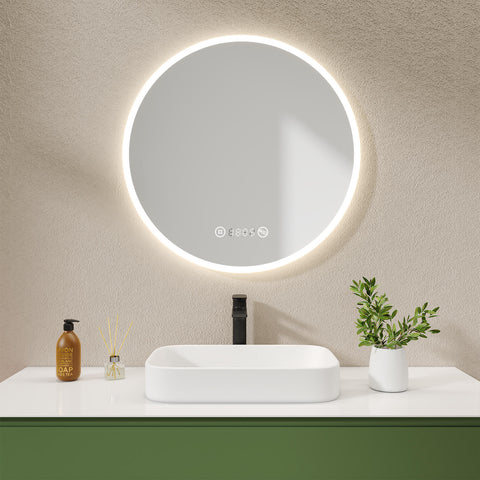EMKE OLM08 Runder LED-Badezimmerspiegel, Touch-Schalter, Anti-Beschlag, Uhr, Warmweiß (4300K), Ø60/70/80 cm
